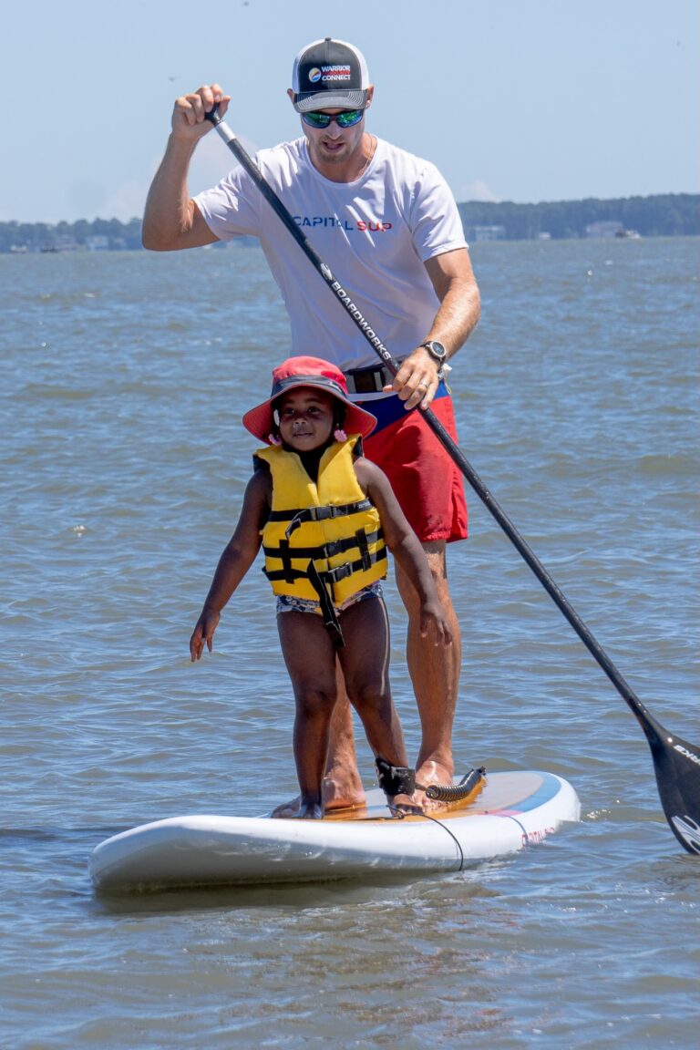 a man standing on a paddle board with a child