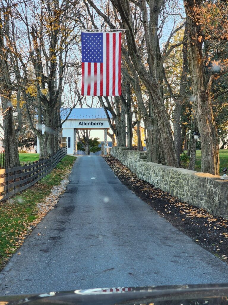 an american flag hanging over a road in front of a building
