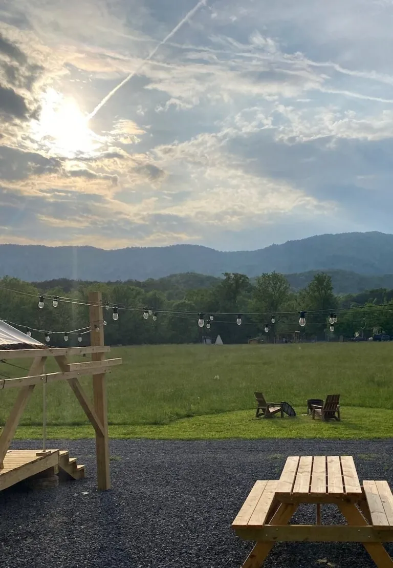 a picnic table and swing set in the middle of a field